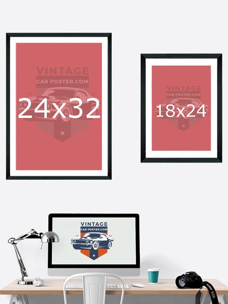 Example of vintage car poster print sizing, large poster print versus medium poster print.