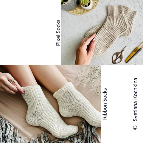 Two images of the ribbon socks and the pixel socks by Svetlana Kochkina