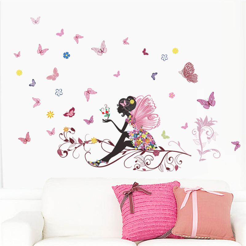 Butterfly Flower Fairy Wall Stickers for Kids Room Bedroom Wall Art Decoration Poster Children Diy Removable Decal Muralart