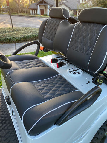 LazyLife Seats Double Diamond Pattern on grey cool touch seating with lite grey piping on a white golf cart