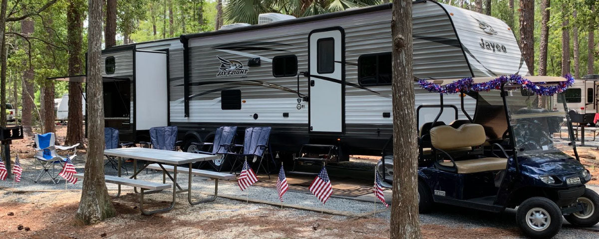 rv campsite with golf cart