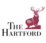 The hartford insurance company logo with a large dear in burgundy color