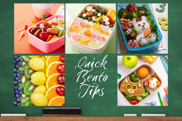 Tafel mit der Aufschrift „Schnelle Bento-Tipps“ mit verschiedenen Bildern von Bentos