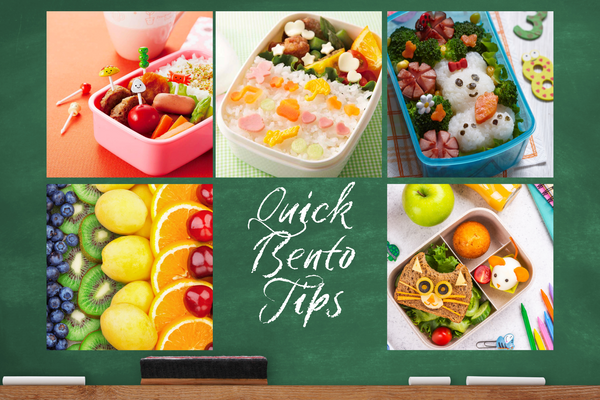 Pizarra que dice "Consejos rápidos para Bento" con varias imágenes de bentos.