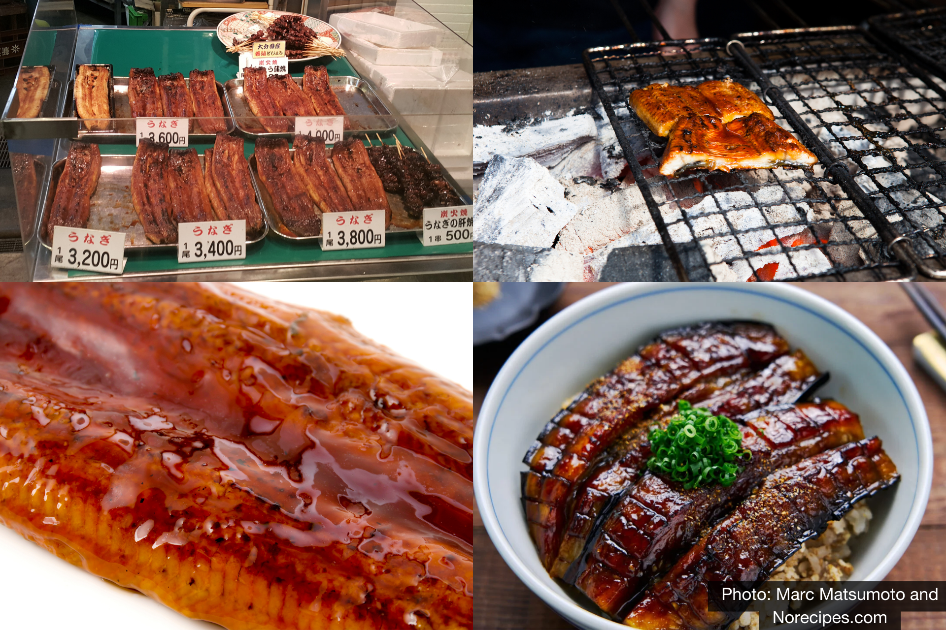 Eels for sale, being grilled, slathered in sauce, and an eggplant-based alternative