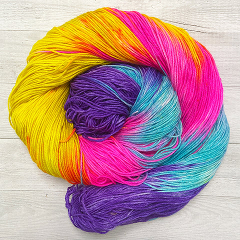 power of love hand dyed yarn purple yellow hot pink blue