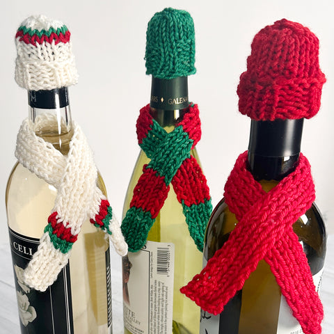 free knitting pattern wine bottle outerwear hat and scarf for home decor hostess gifts and gift basket presents