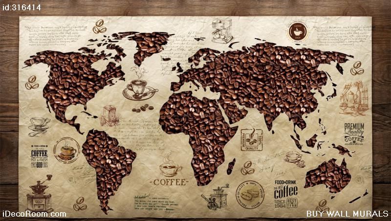 Caf¨¦ Cafe World Map Retro Restaurant Bar Backdrop 316414