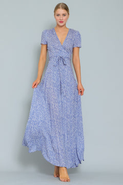 Blue Short Sleeve Floral Wrap Dress