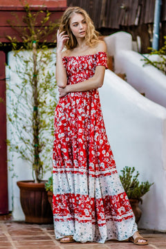 Red Floral Off Shoulder Maxi Dress