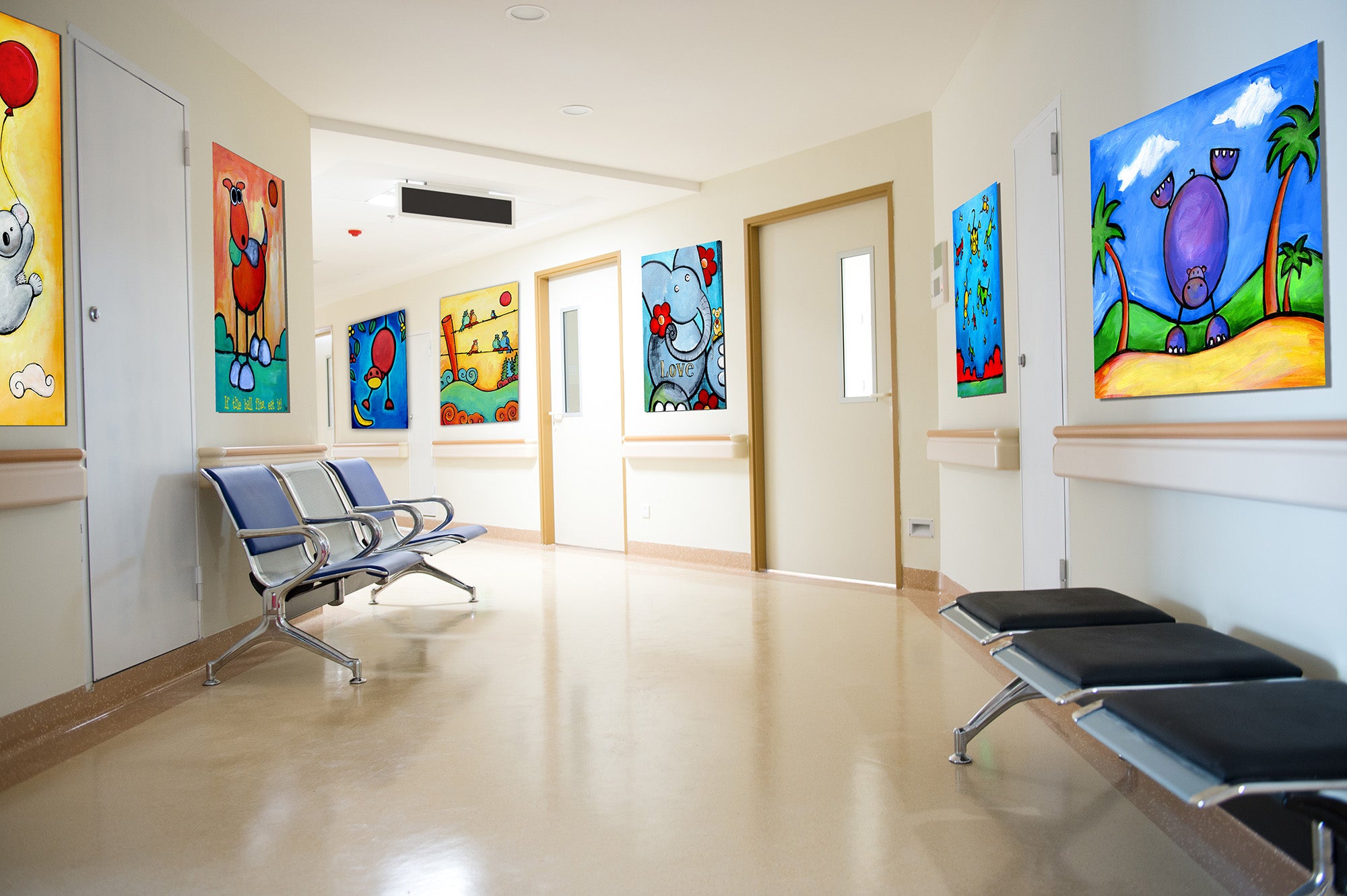 colorful happy art for pediatric childrens hospital clinic