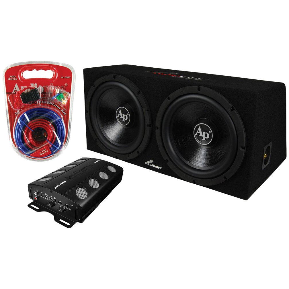 Audiopipe 2000W 12" Loaded Enclosure w/ 2 Channel Amp and Installation Kit