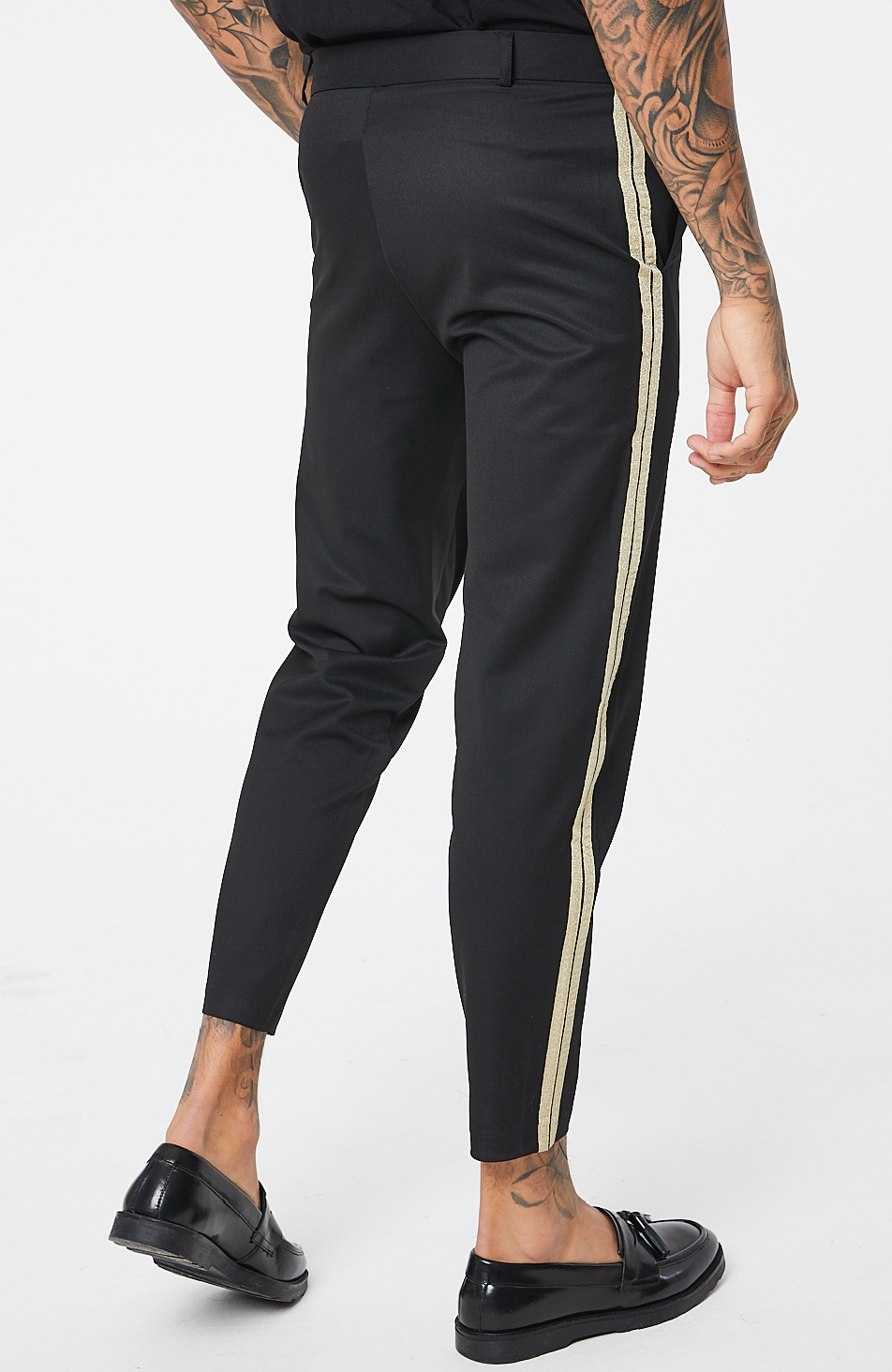 black trousers with gold stripe