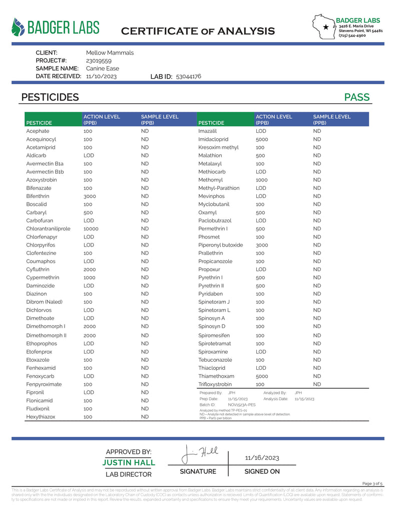 COA for Mellow Mammals CanineEase CBD oil for dogs - Batch #33301600E - Page 3