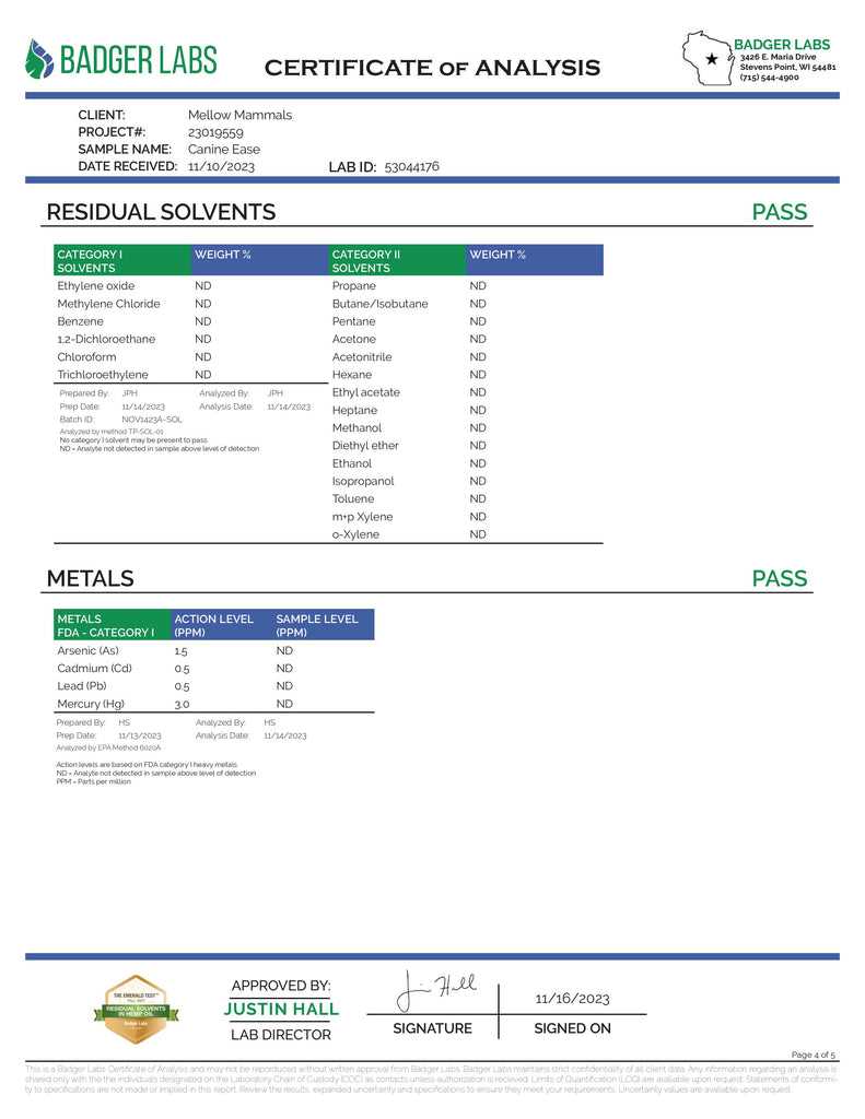 COA for Mellow Mammals CanineEase CBD oil for dogs - Batch #33301600E - Page 4