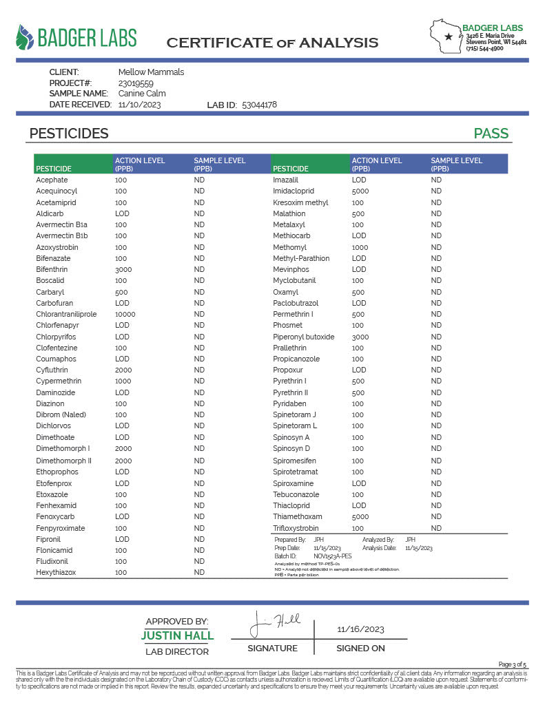 COA for CanineCalm CBD oil for dogs - Batch #33301600C - Page 3