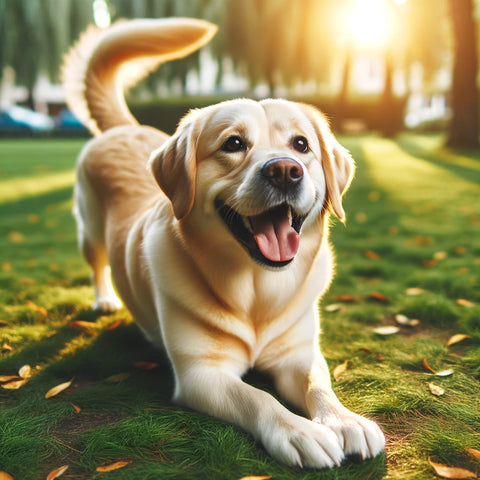 A happy dog outside in the grass ready to play