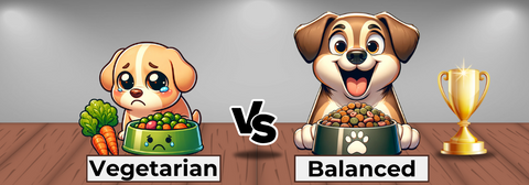 Cartoon image of two dogs sitting behind their food bowls. Thw one on the left is vegetarian and sad, and the one on the right is having a balanced diet and is happy. The text reads, vegetarian vs balanced.