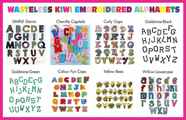 Choose from 8 Wasteless Kiwi Embroidered Alphabets