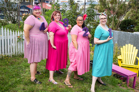 four fat babes in stripey plus size cotton knit dresses