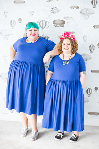 Joanna and Anna in the blue plus-size cotton dress with pockets