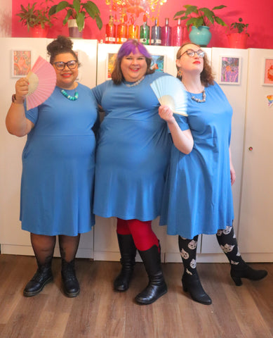 Three fat babes in space blue raglan sleeve plus size dresses