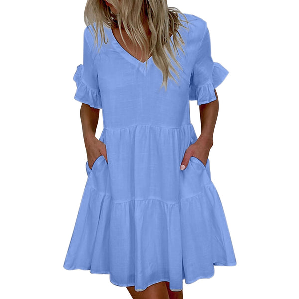 40# Pleated Solid Color Summer Dress Ruffle Vintage Summer Dress 2022 ...