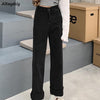 Jeans Women Solid Black Simple Straight Full-length Soft Leisure High-waist Students All-match Pockets Elegant Lady New