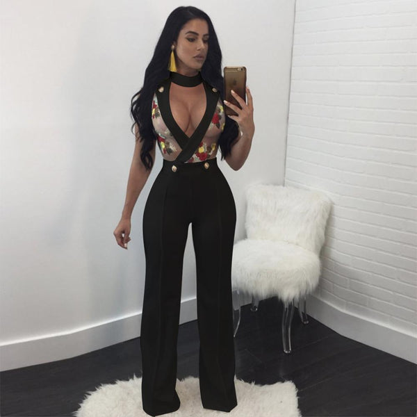 Ladies Embroidery Rompers Womens Jumpsuit Hollow Out Slim Body Party Overalls 2020 Black Yellow blue Sexy Wide Leg Jumpsuit S-XL