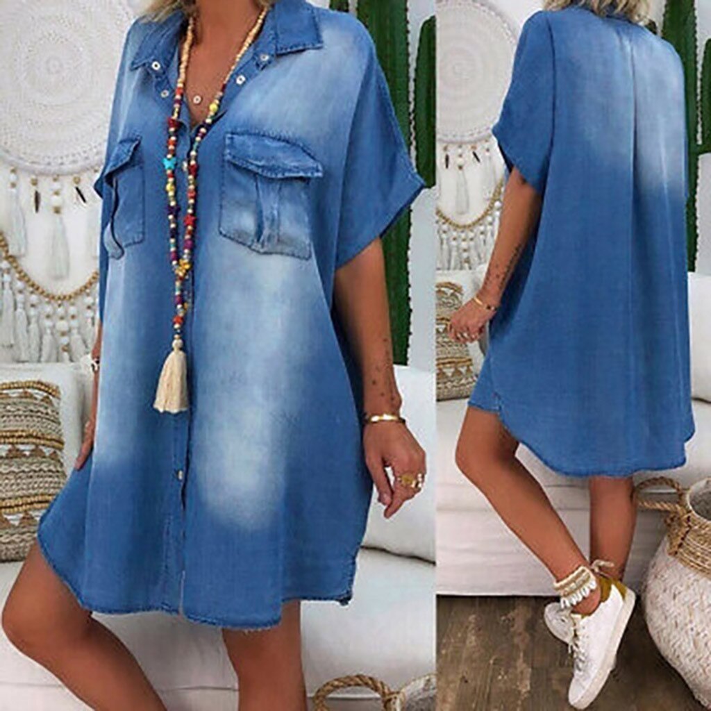 Women Casual Denim Party Dresses Plus Size Asymetric Denim Dresses Bat ...