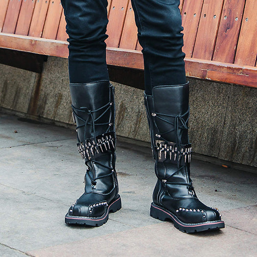 Plissken Knee High Shoes Black Lace Up Tall Motorcycle Boots