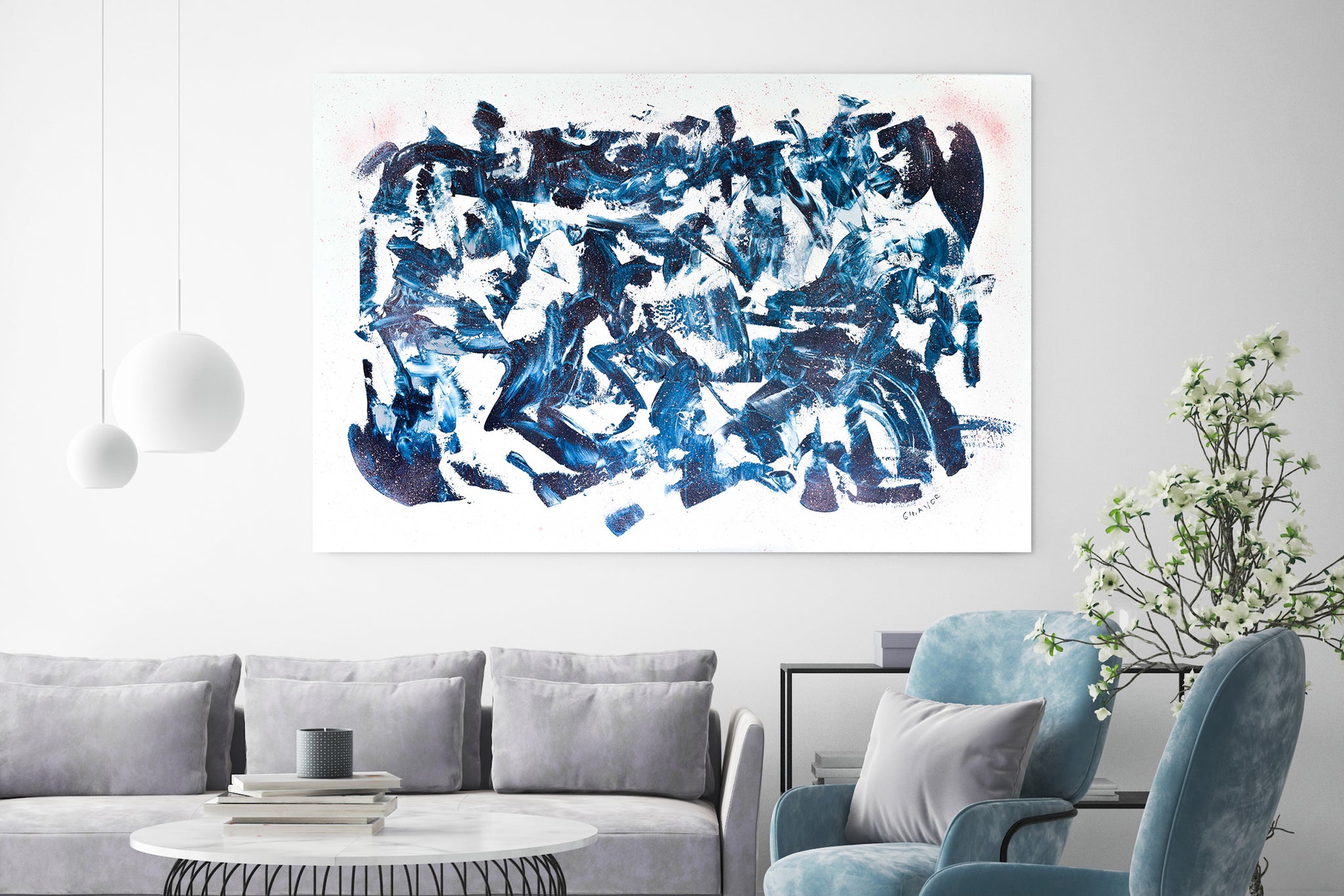 Abstract art for home decor, blue and white painting