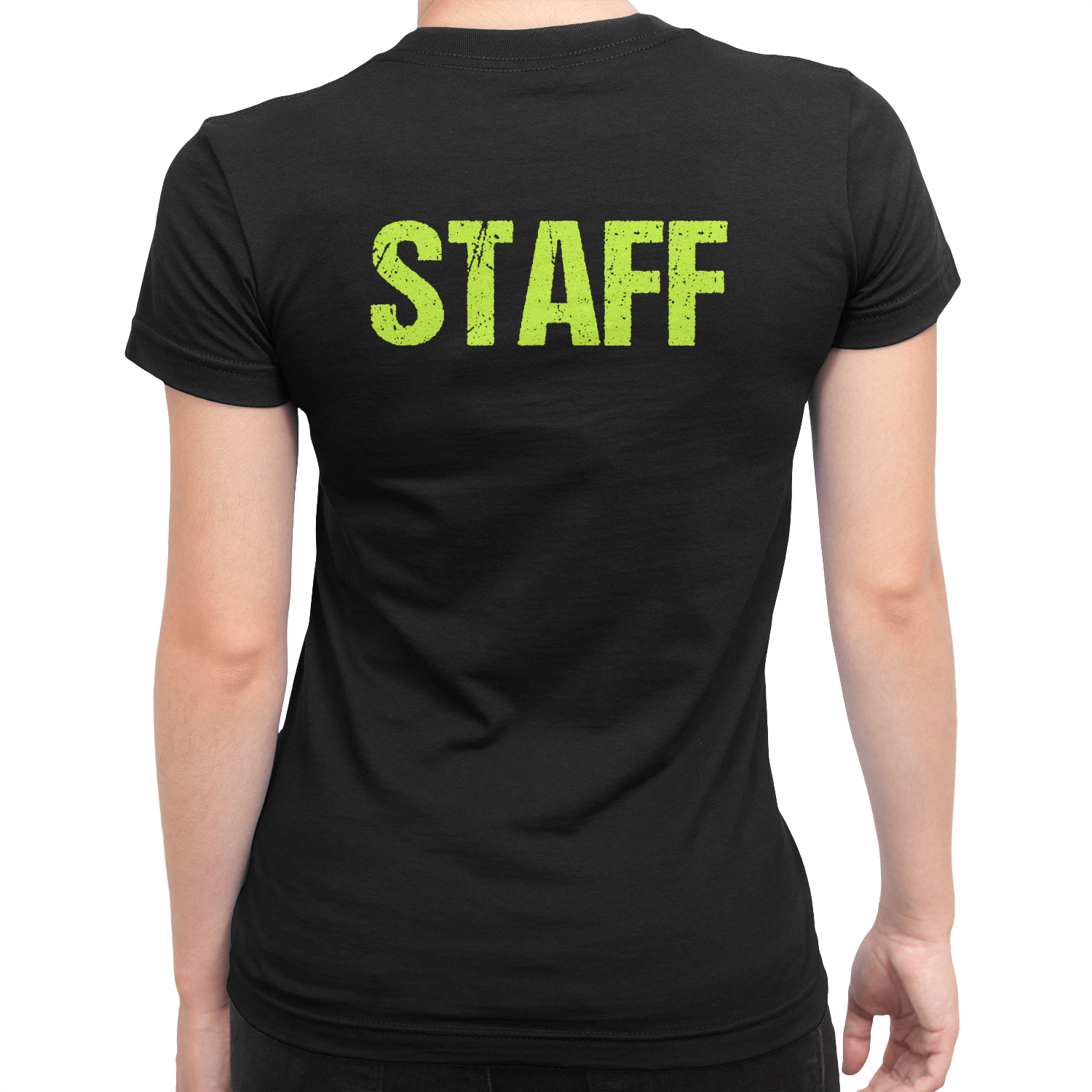 t-shirt femme staff imprimé néon noir dans le dos