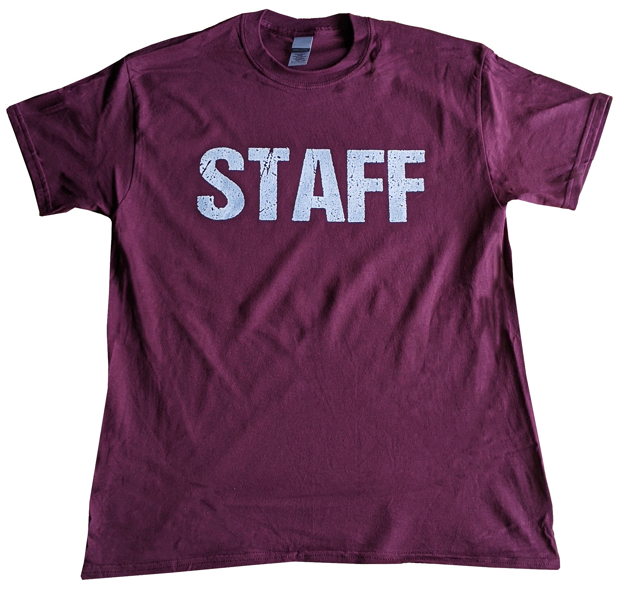 Men's Staff Tee Maroon Screen Printed Front and Back