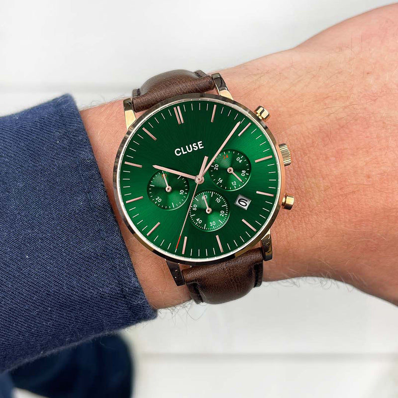 Het is de bedoeling dat salaris Latijns Aravis chrono leather rose gold colour green/dark brown CW0101502006 -  Officiële CLUSE Store