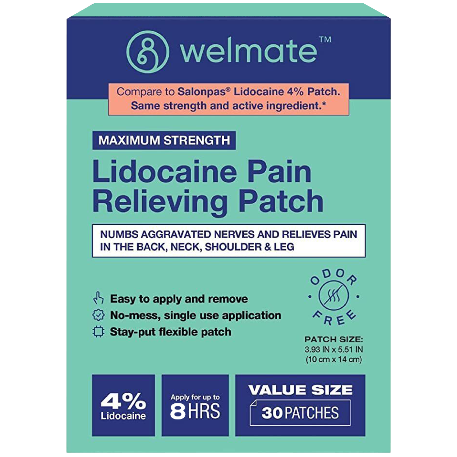  HealthWise Maximum Strength Pain Relief 4% Lidocaine Pain Relief  Patch : Health & Household