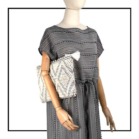 handwoven black and white tote made in Italy by hand • dress also made by hand timeless individualistic fashion • eco-friendly fashion • socially responsible, lasting fashion,