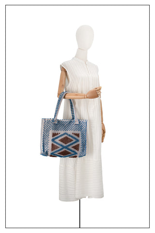 DENIM AND BROWN Sustainable MEDIUM tote - summer bag - luxury handbag - handwoven black and white tote made in Italy by hand • timeless individualistic fashion • eco-friendly fashion • socially responsible, lasting fashion.