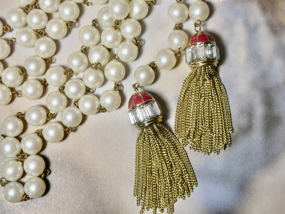 Yun Boutique Multi-style Baroque Pearl Lariat Necklace Set with Red Tassels Red Silk Tassels Gold