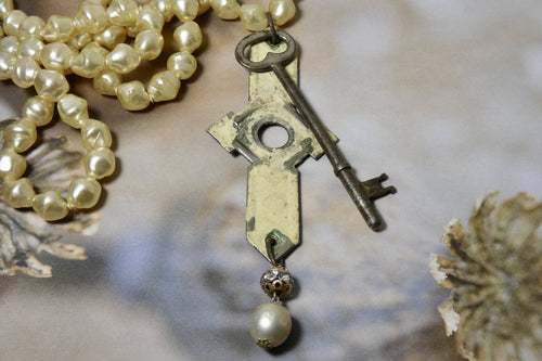 Skeleton Key and Key Hole Necklace on Vintage Pearls
