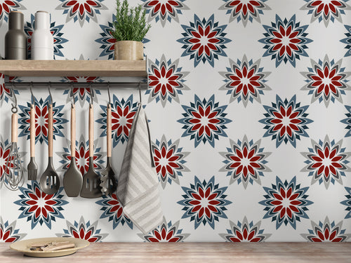 Red, Grey & Blue Floral Tile Stickers (16 Pack)