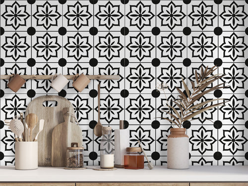 Black & White Flowers Tile Stickers (16 Pack)