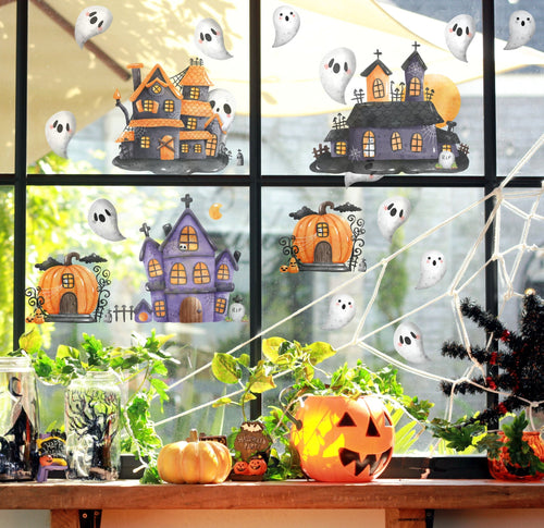 Haunted House Halloween Decorations Window Stickers Pumpkin Grave Scary Spooky Decals Removable