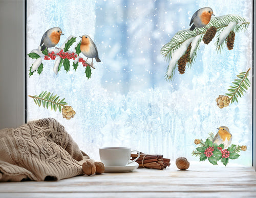 Robins & Pinecone Trees Christmas Window Stickers