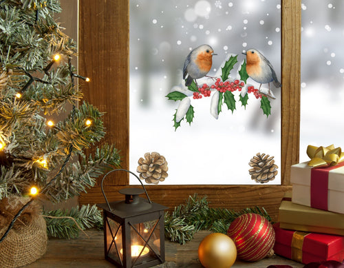 Pair Of Robins Holly Branch Christmas Window Stickers