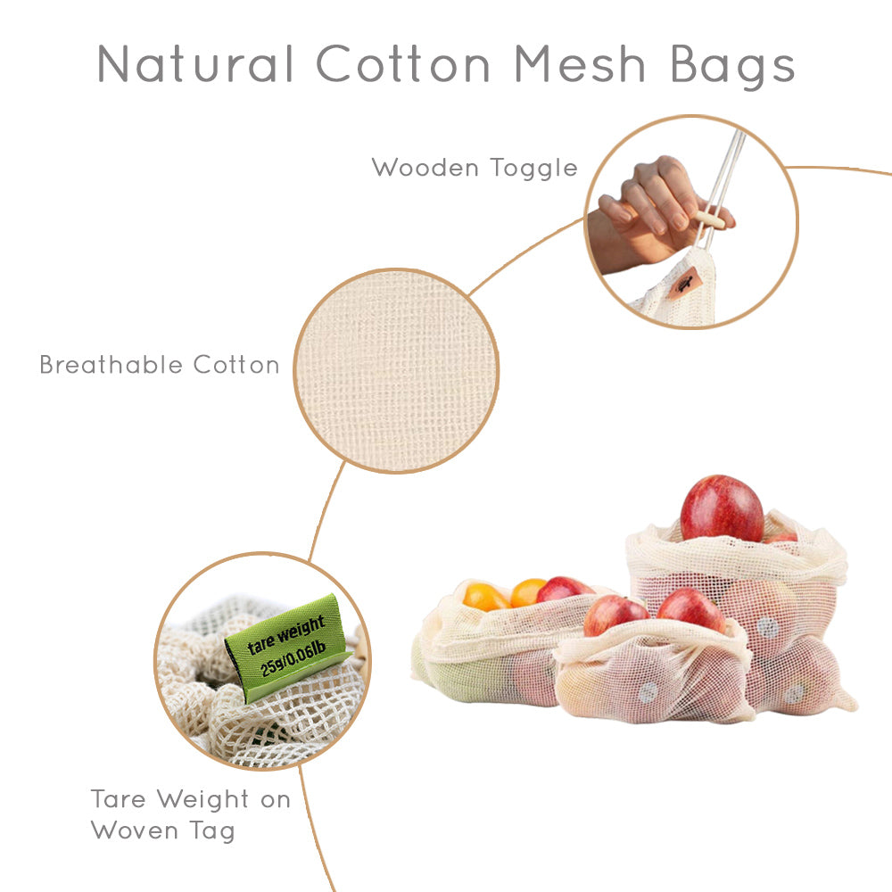 natural cotton mesh bags with wooden toggle, tare weight, breathable cotton