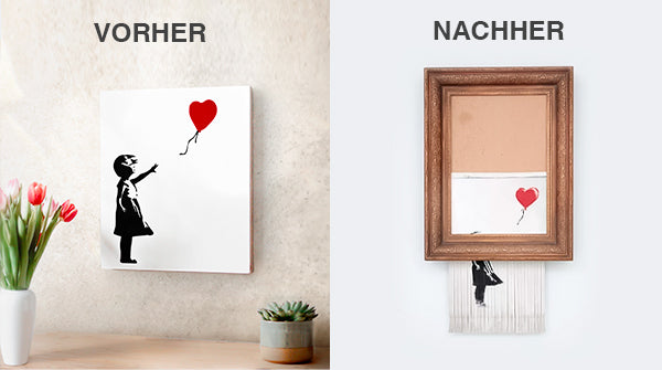 Banksy's Schredder Aktion - Vorher:Girl with balloon Nachher: Love is in the bin