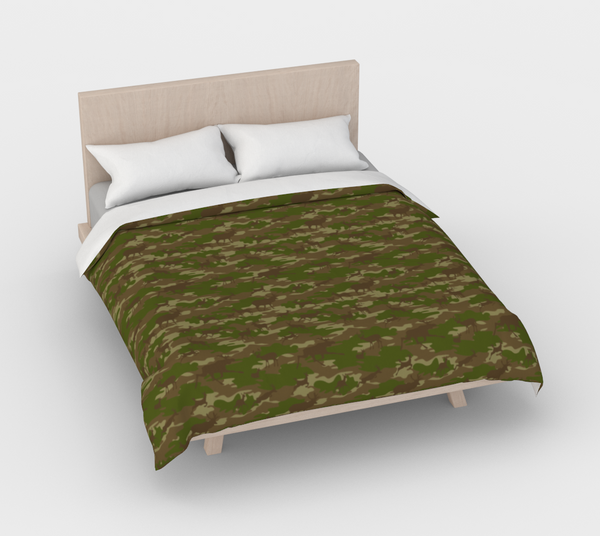 Duvet Cover in Hunter Camo, in green and browns, for queen size bed.