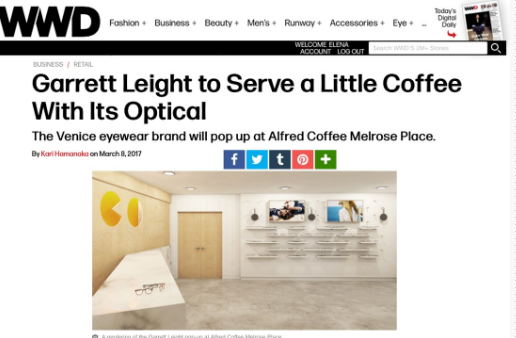 Garrett Leight Alfred Coffee pop up featured in Women's Wear Daily