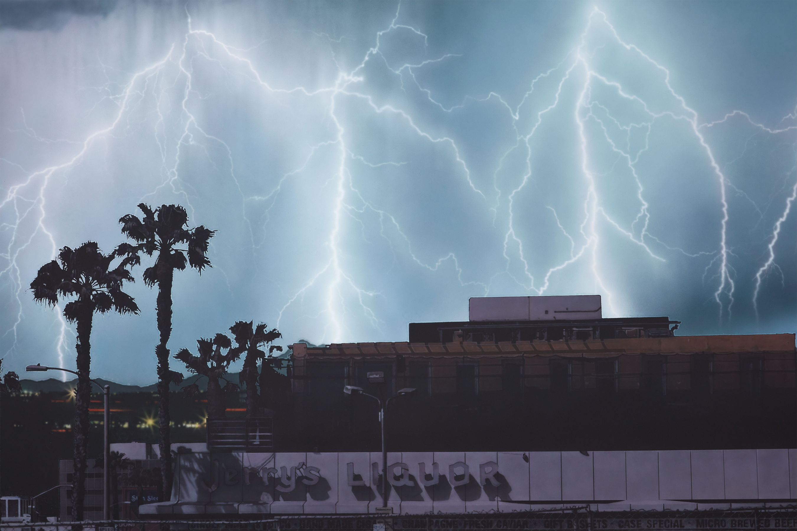 Sayre Gomez's painting of lightning bolts behind Jerry's Liquors